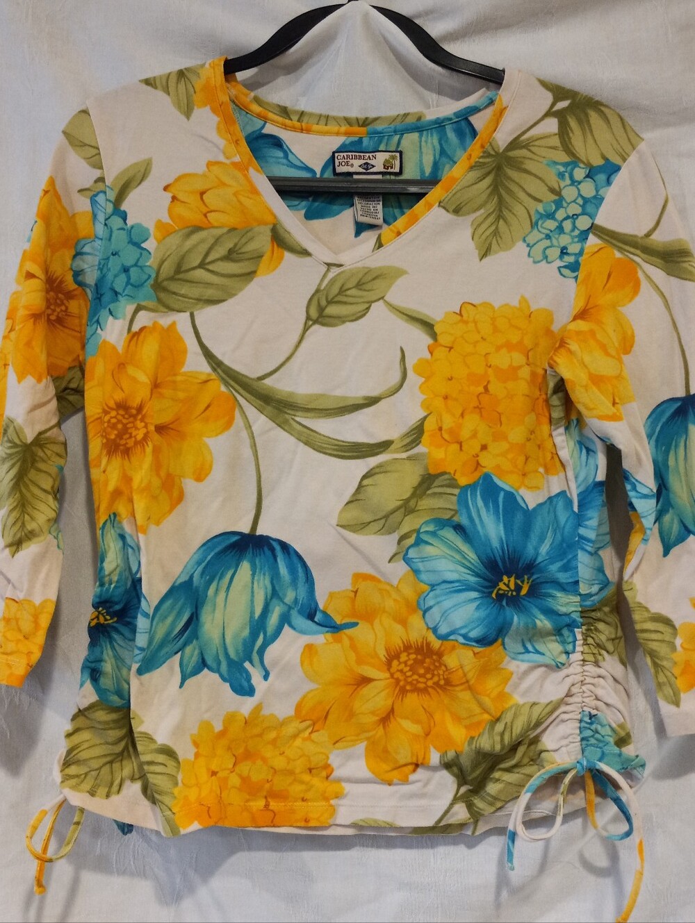 Caribbean Joe Yellow & Blue Floral V-Neck 3/4 Sleeve Top With Side Rouching Larg